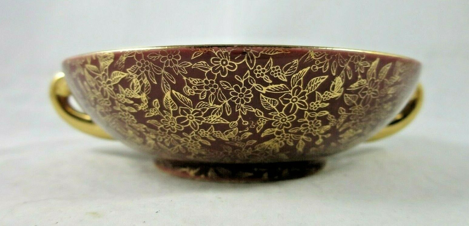 Vtg Red Ceramic Shallow Footed Bowl Gold Floral Design Handles Candy Nut Dish