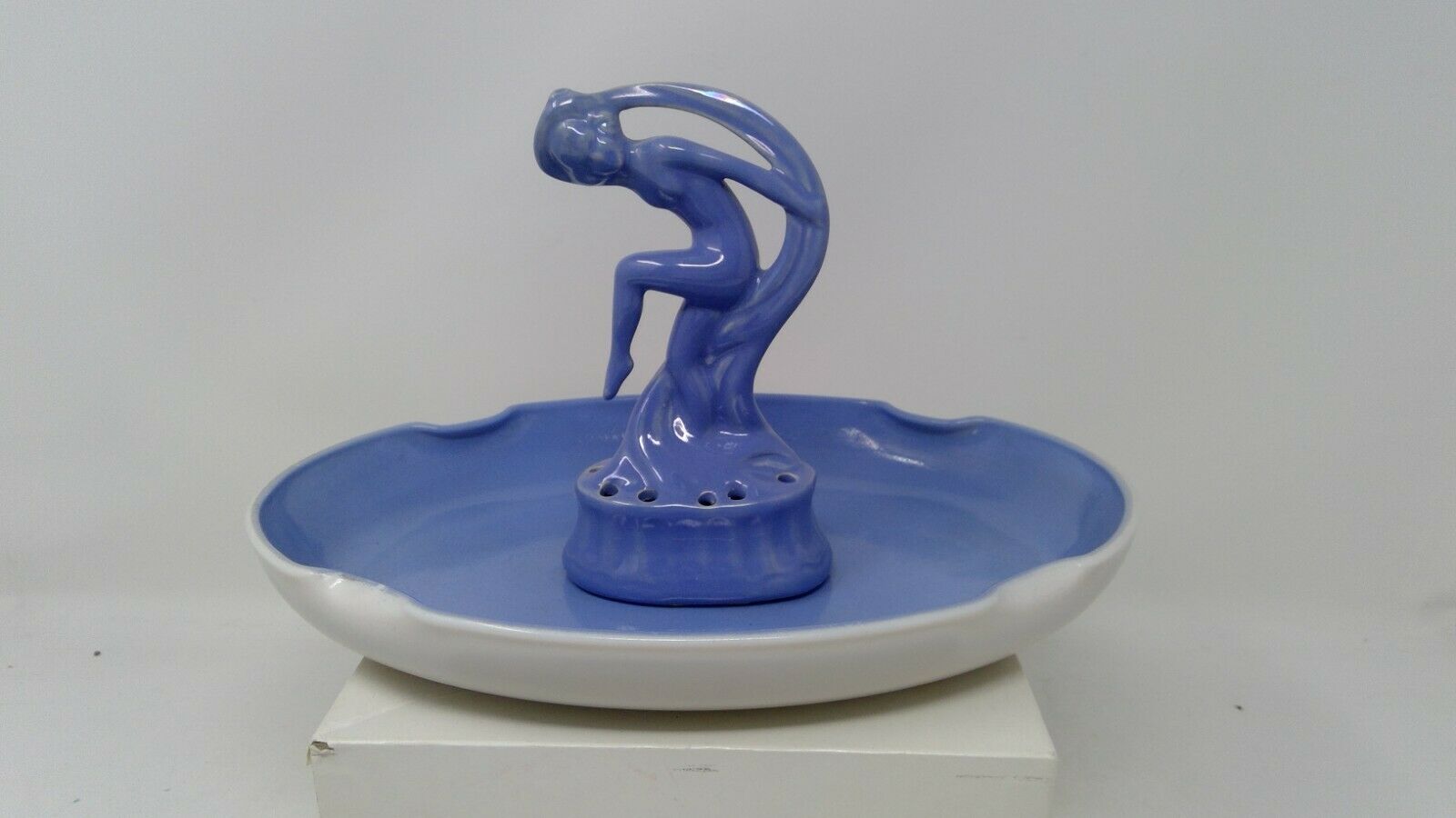 Vintage Glass Bowl With Attached Figural Pottery Woman Flower Frog